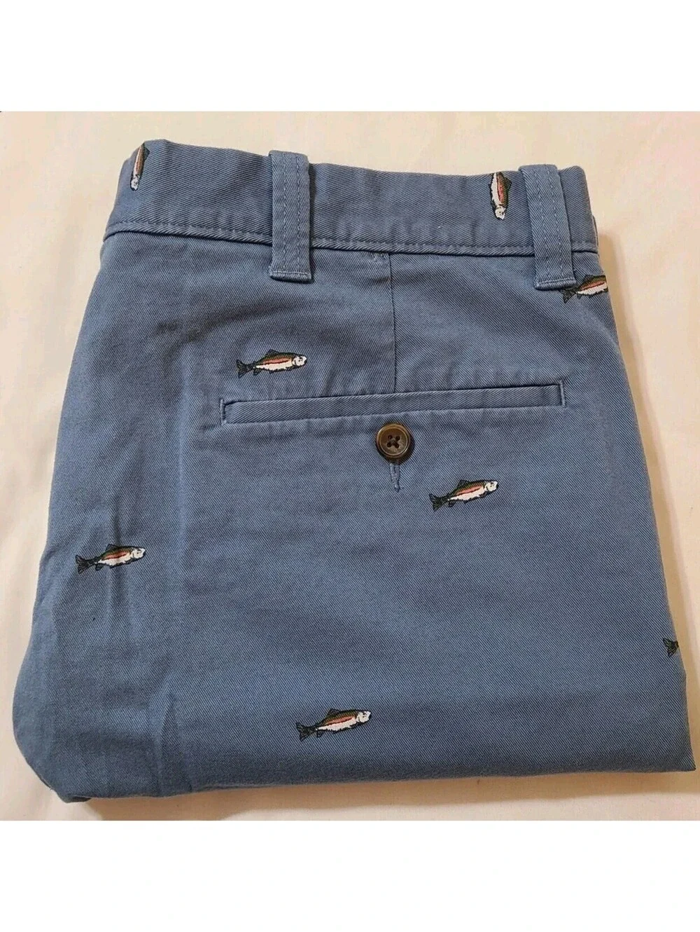 J Crew Chino Shorts Mens Sz 34x9 Blue Troit Fish Embroidered Golf Summer Coastal